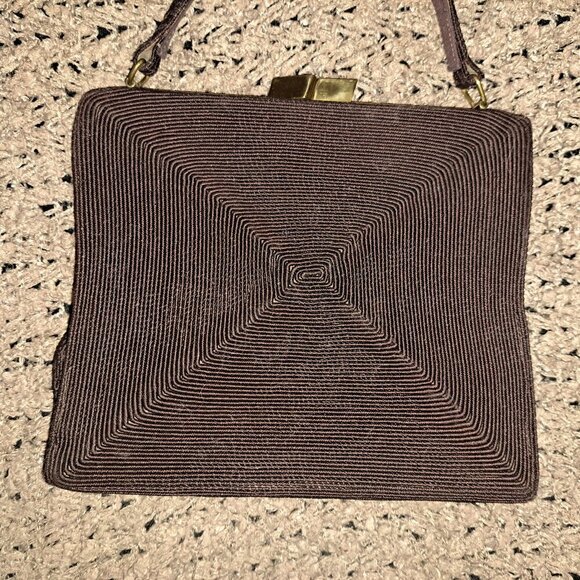 GOLD SEAL-Vintage 50s Corded Chocolate Brown Bag-Attached Coin Purse-Near Mint - Picture 10 of 11
